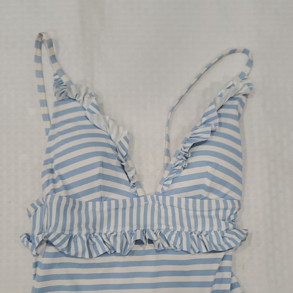 J. Crew Ruffle Plunging  Blue and White Striped Women's One Piece Swimsuit - Picture 2 of 12
